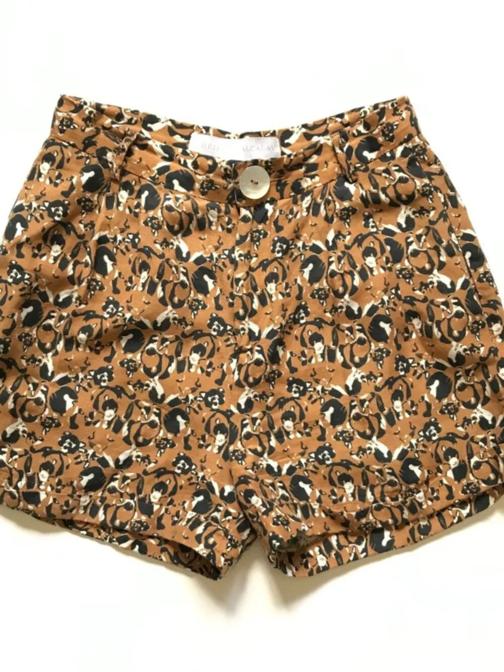 Christine Alcalay High Rise Waisted Shorts Womens 0 Brown Black Linen Tencel